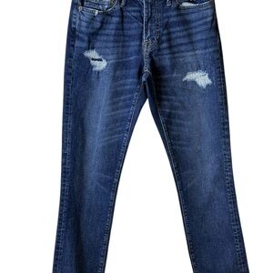 Classic Blue Straight-Leg Jeans with Distressed Details